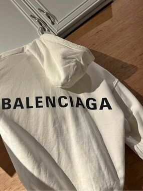 Balenciaga Men’s Cream Zip-Up Hoodie with Black Logo